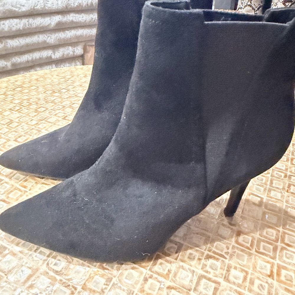Pointed-Toe Black Suede Ankle Booties with Stiletto Heel
